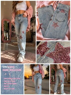 Y2K Barbiecore Pink Rhinestone Star Wide Leg Jeans Bedazzled Festival Glam